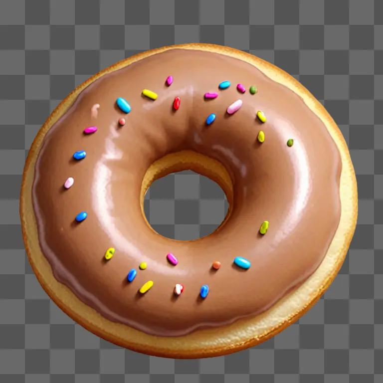 A realistic donut with chocolate icing and colorful sprinkles