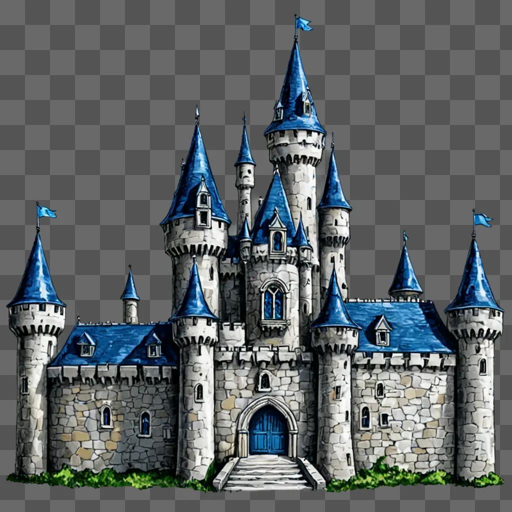 A sketch castle drawing with blue details