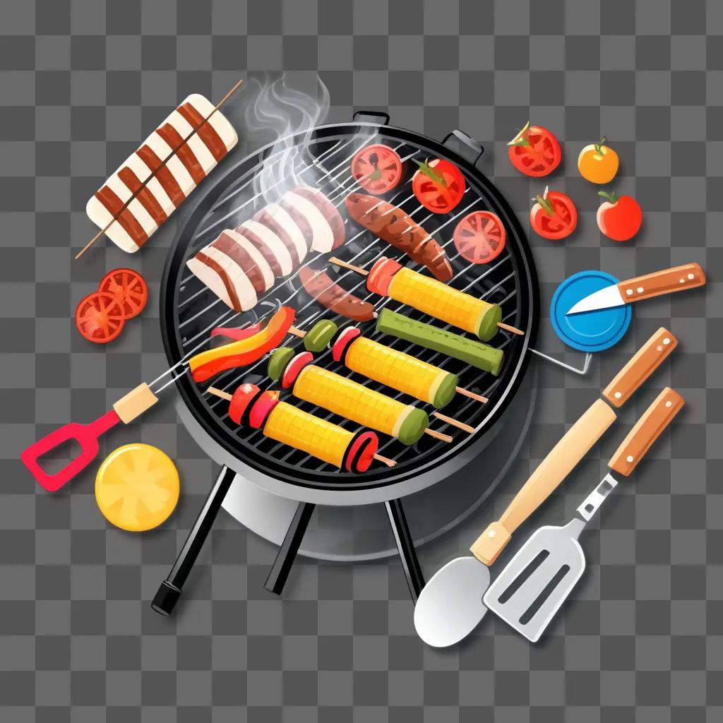 BBQ grill with skewers, spatulas and other grilling utensils