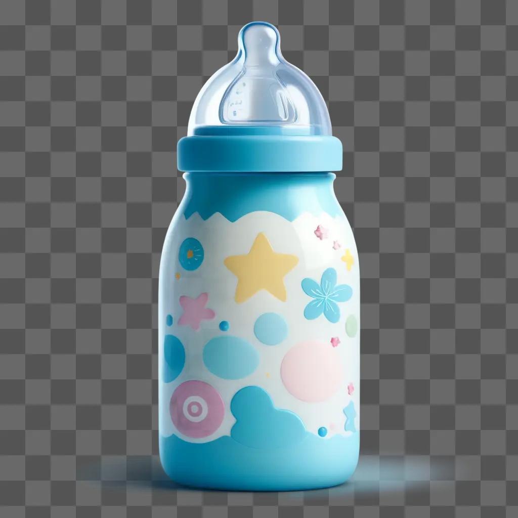 Baby bottle with colorful design on blue background