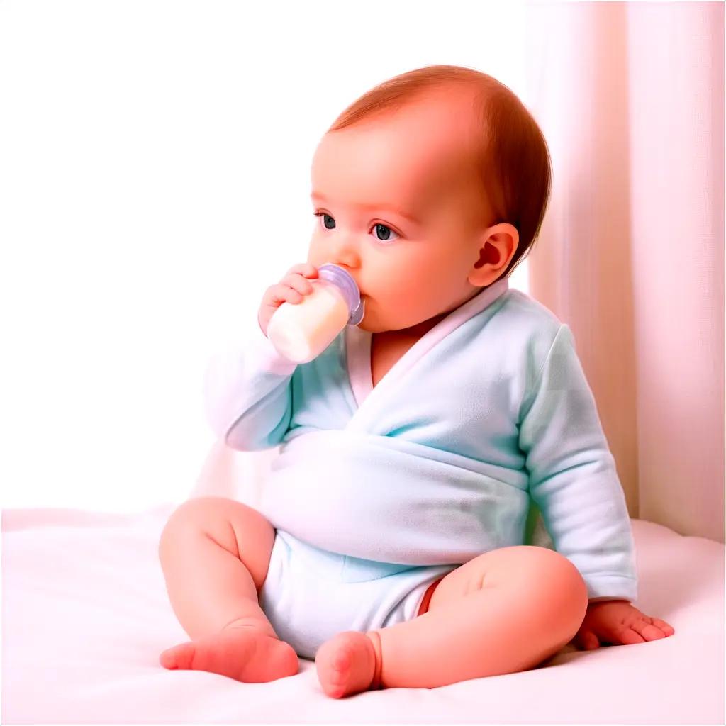 Baby in white shirt drinks from bottle on bed