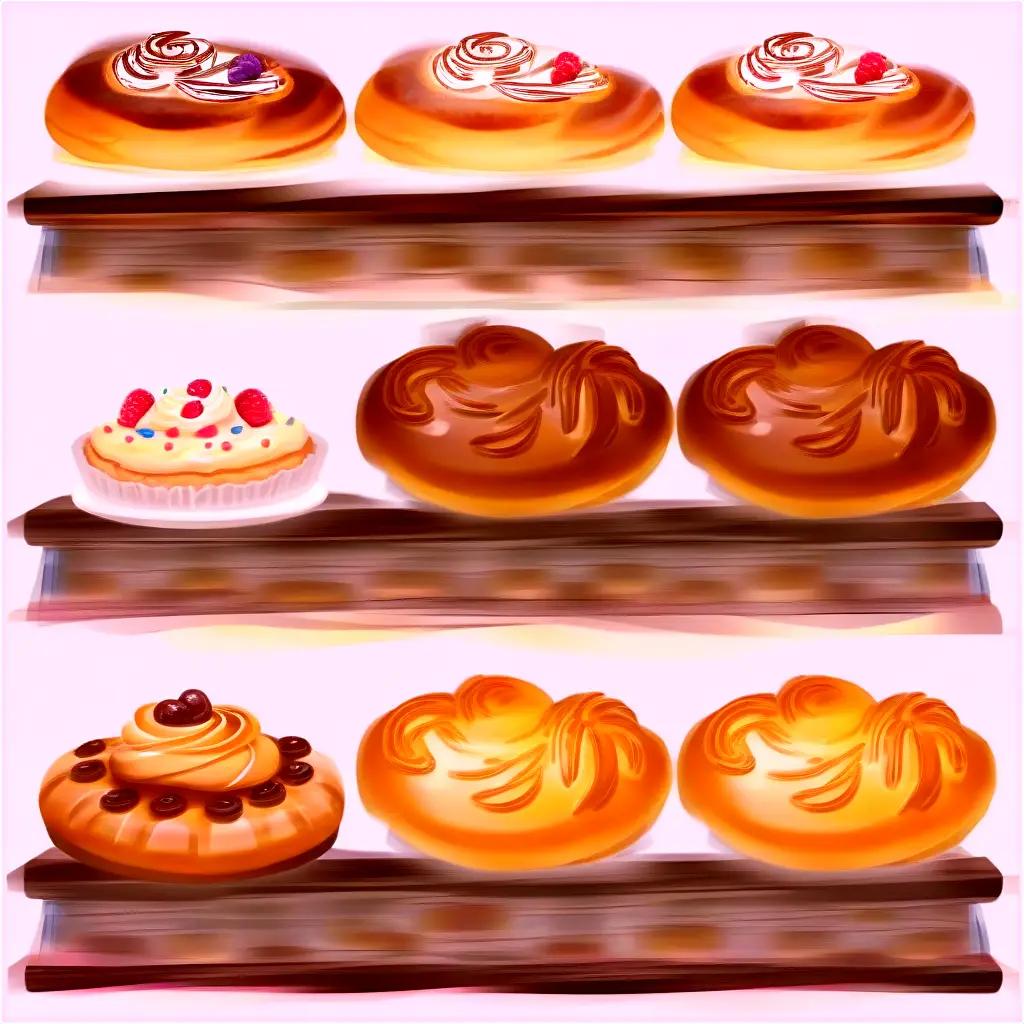 Baked goods and pastries displayed on a shelf