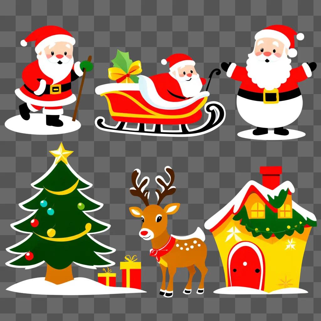 Christmas clipart featuring Santa, sleigh, reindeer, and tree