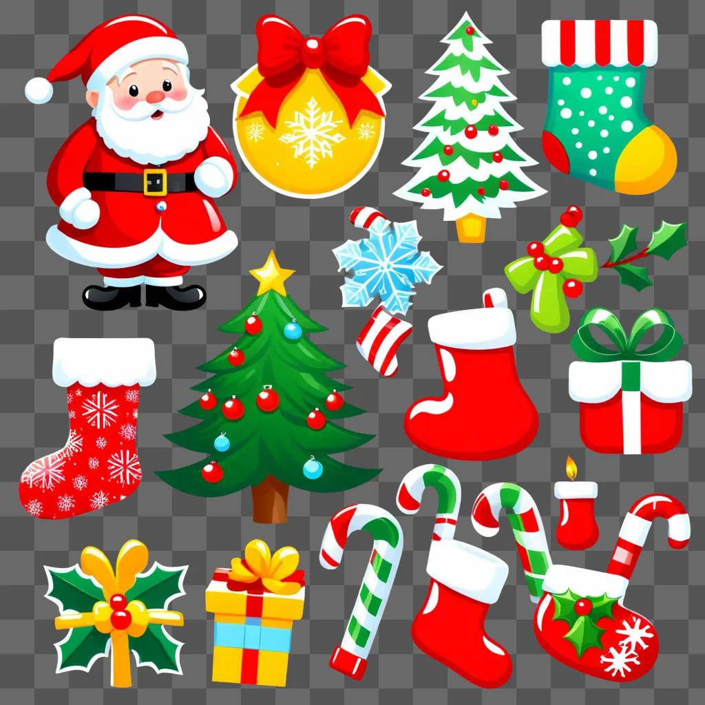 Christmas clipart with Santa and various Christmas items