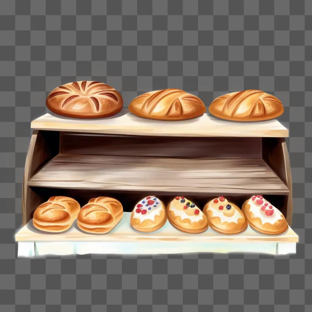 Clipart of bakery display with pastries and bread