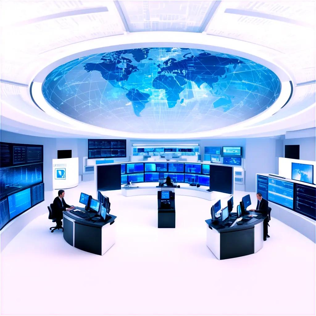 Cyber security center with monitors and global map