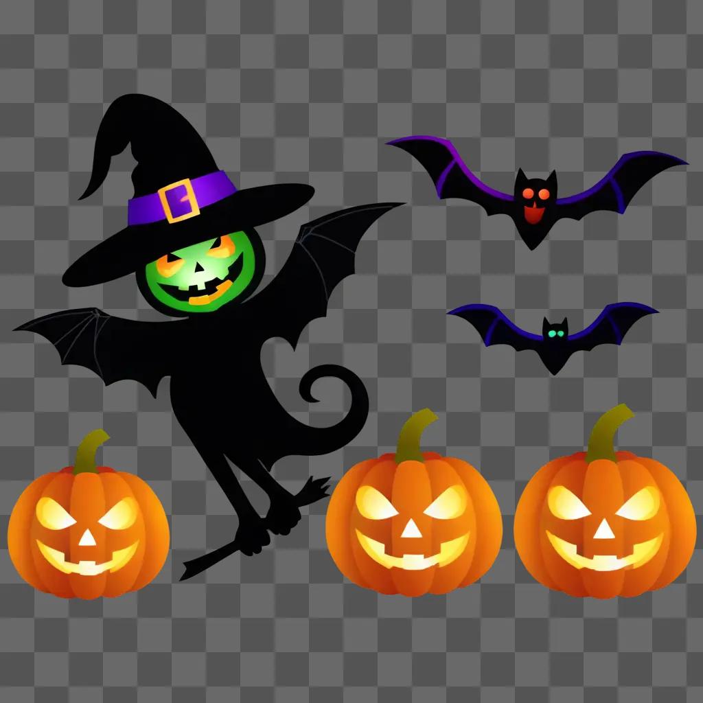 Free Halloween Clipart: A witch, bats and pumpkins