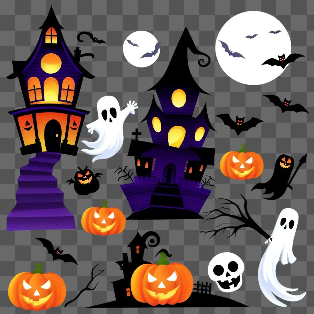 Halloween clipart features ghosts, bats, and a haunted house