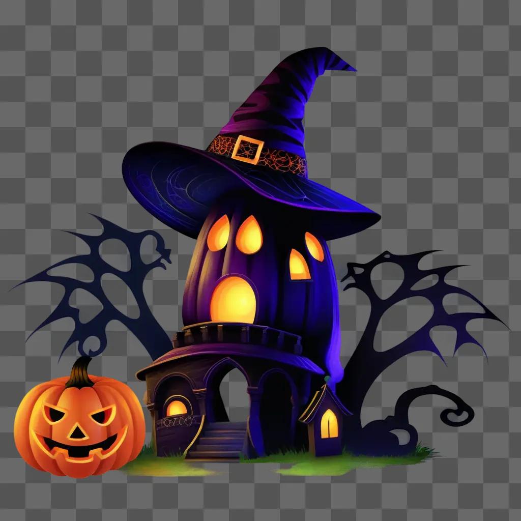 Halloween house with pumpkin and witch hat
