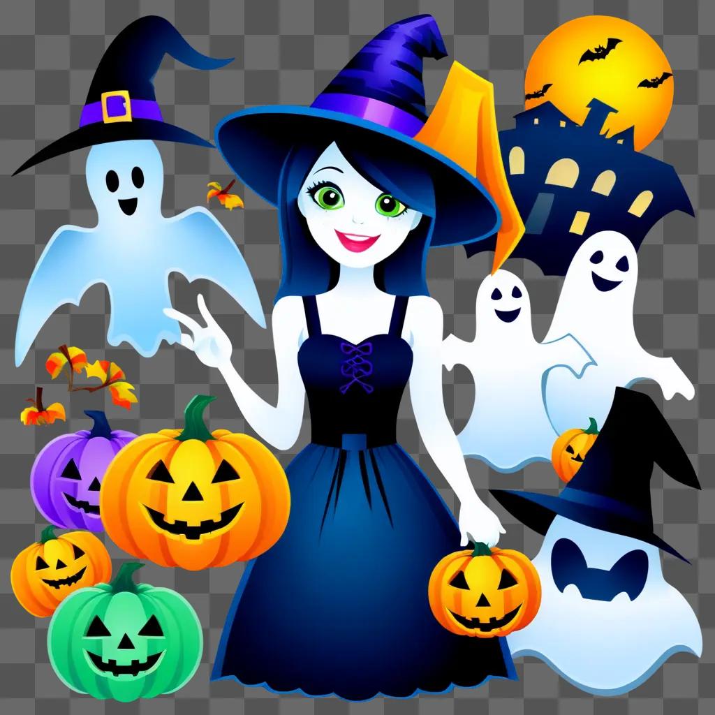 Happy Halloween clipart features a girl in a witch hat