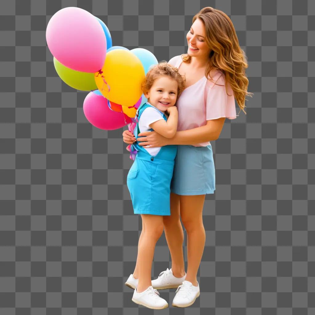 Happy mothers day photo with mother and child holding balloons