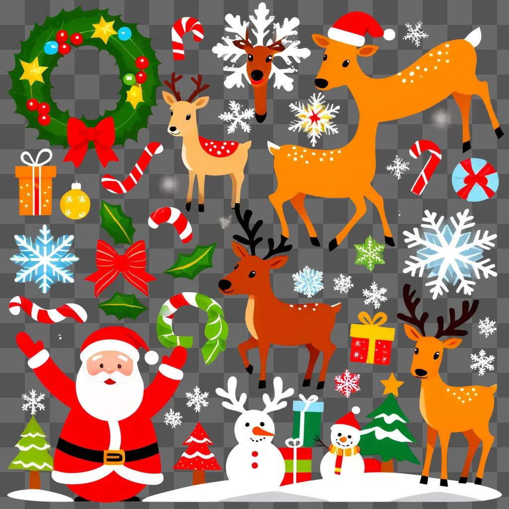 Merry Christmas Clipart with Santa, Rudolph, Snowman and Christmas Trees