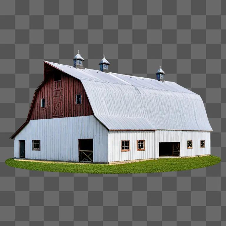 Three-sided barn with three small windows