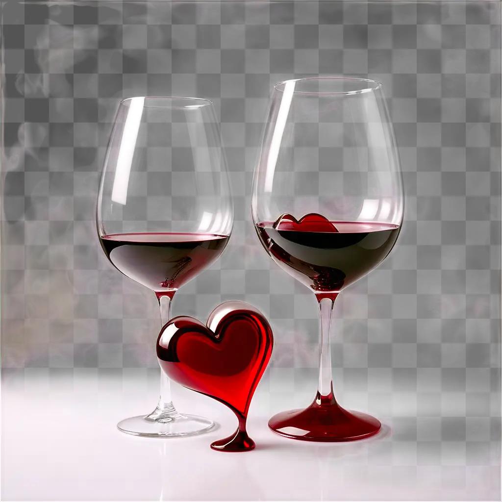 Two glasses of wine and a red heart on a white background