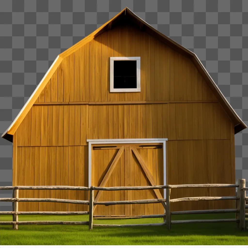 Wooden barn with a white window and wooden fence