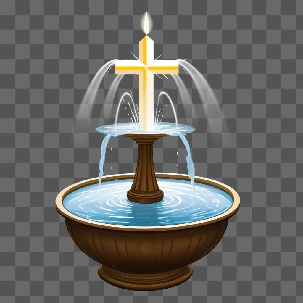 baptismal fountain with lit cross