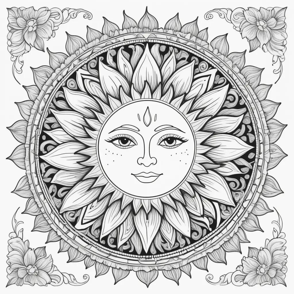 black and white sun coloring page with a face in the center
