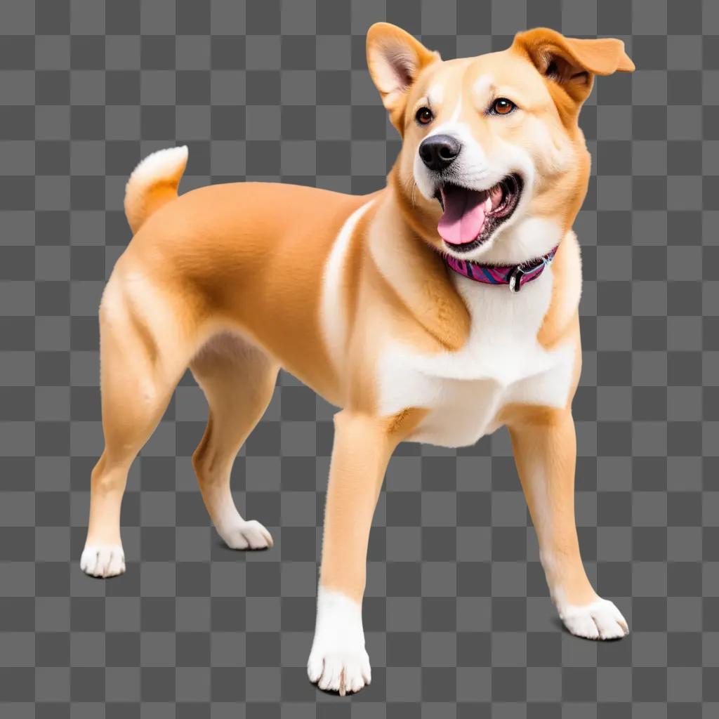 brown and white dog with a collar stands on a beige background