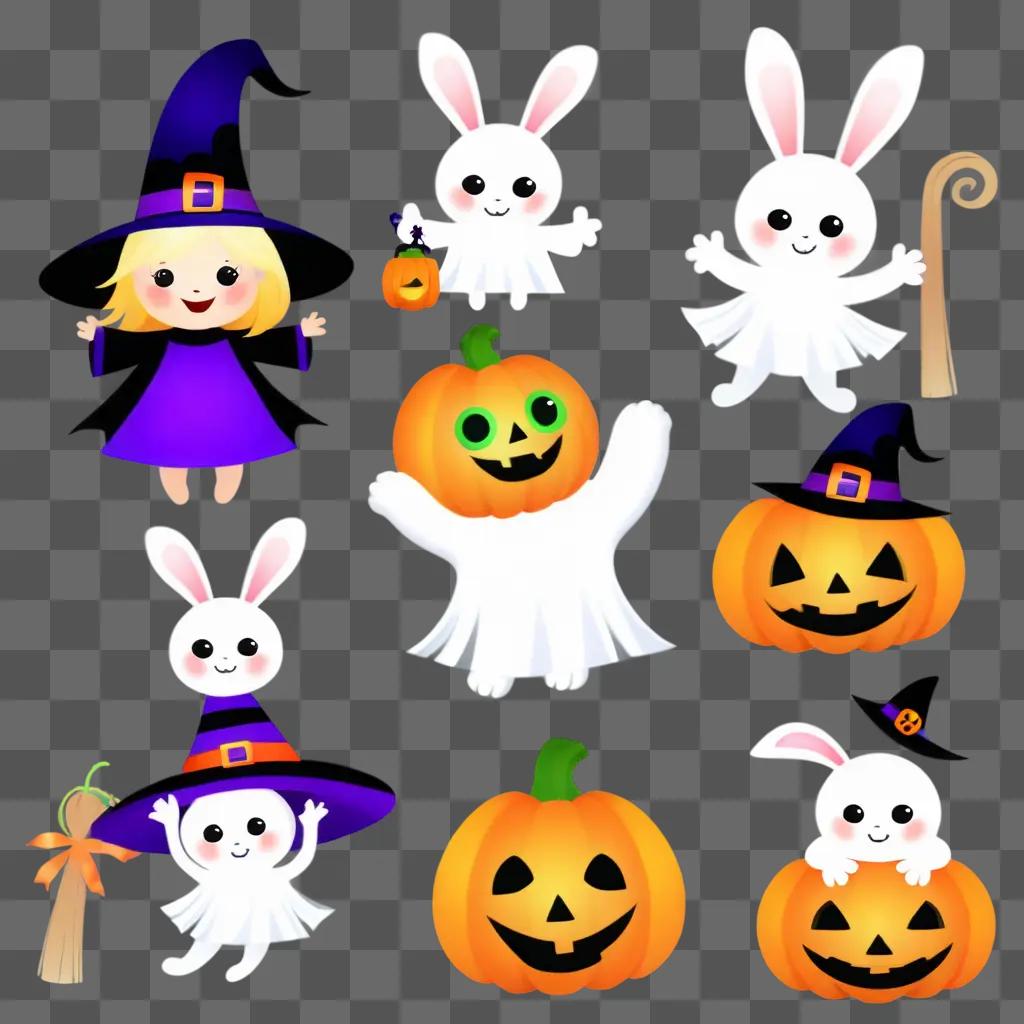 collection of Halloween clipart featuring cute bunnies and pumpkins