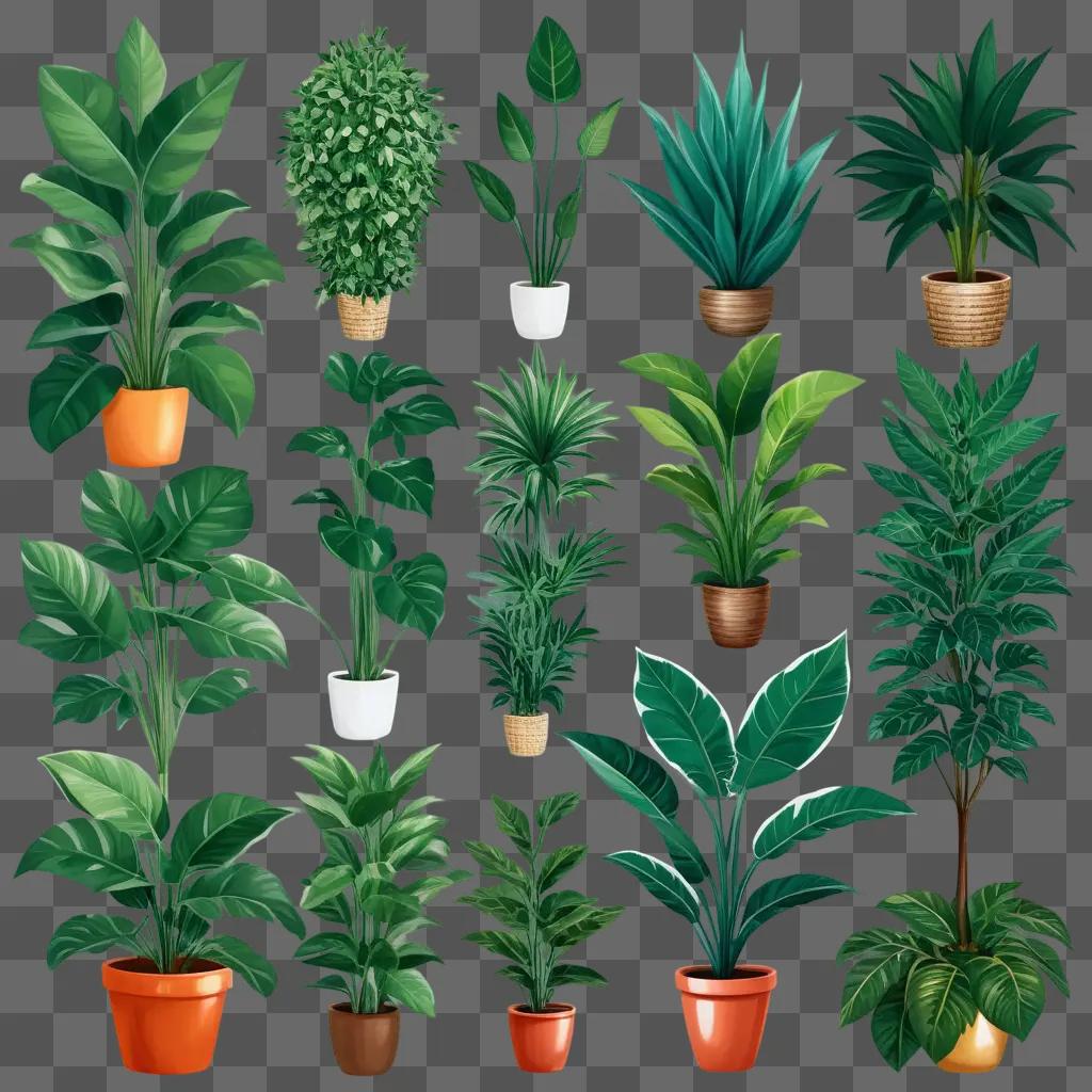 collection of plants in various pots on a green background