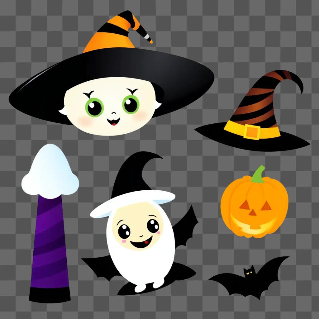 cute Halloween clipart featuring a witch and a pumpkin