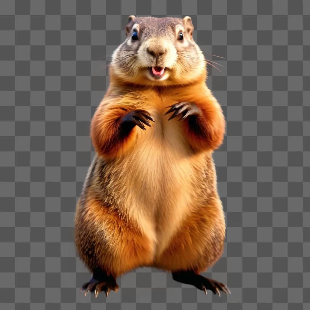 groundhog stands on its hind legs, smiling