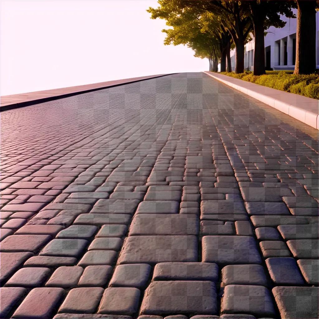 long brick pavement is lined with trees
