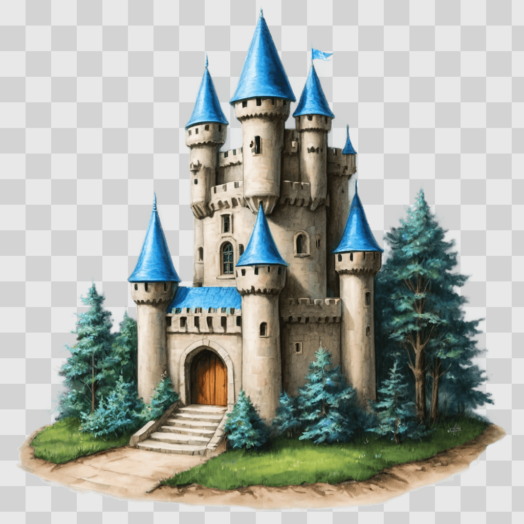 sketch castle drawing A castle with blue roofs and green trees
