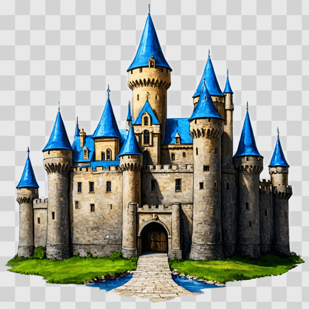 sketch castle drawing A castle with blue roofs and turrets