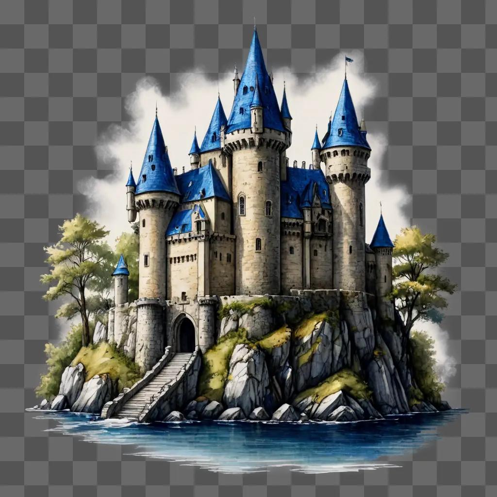 sketch castle drawing A castle with blue roofs sits atop a rocky island
