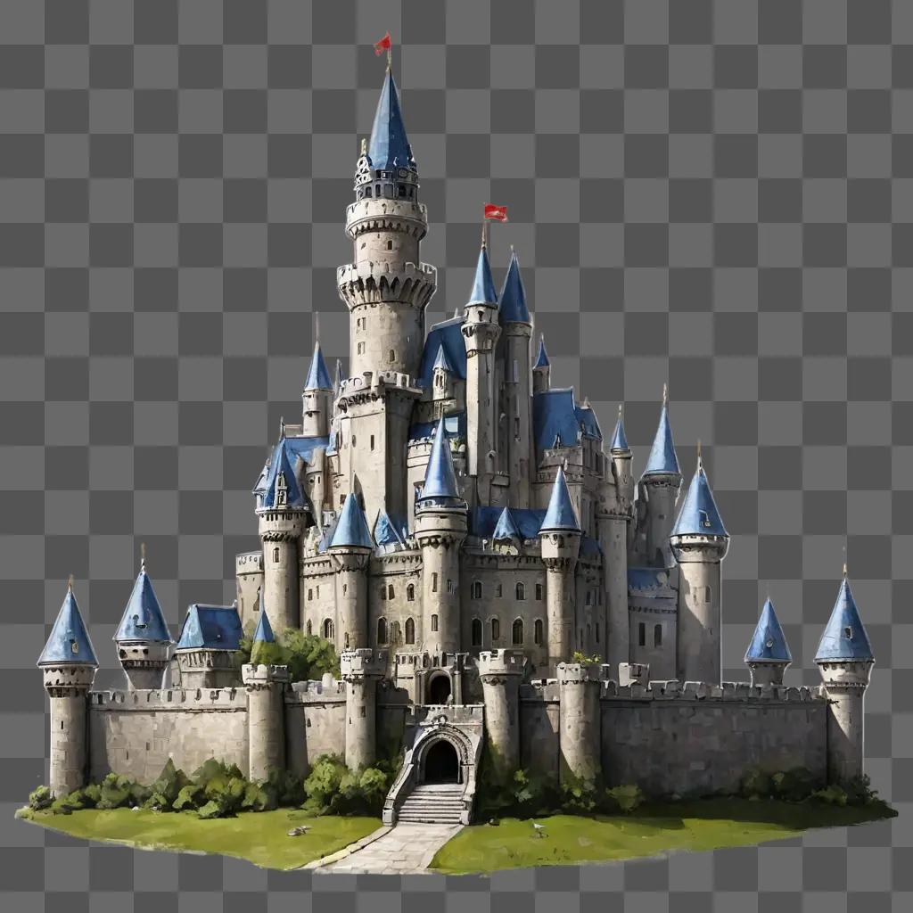 sketch castle drawing A fantasy castle with blue roofs and a red flag