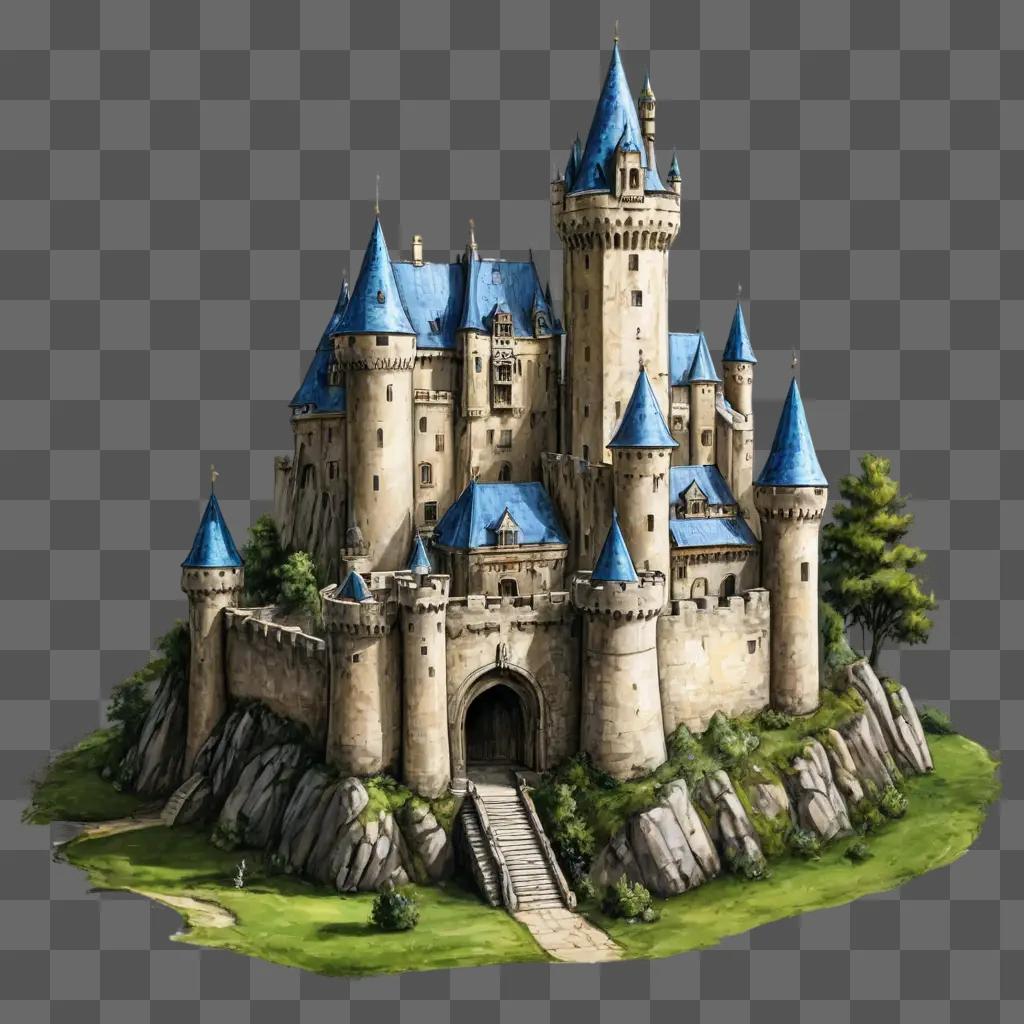 sketch castle drawing A fantasy castle with blue roofs and stone walls