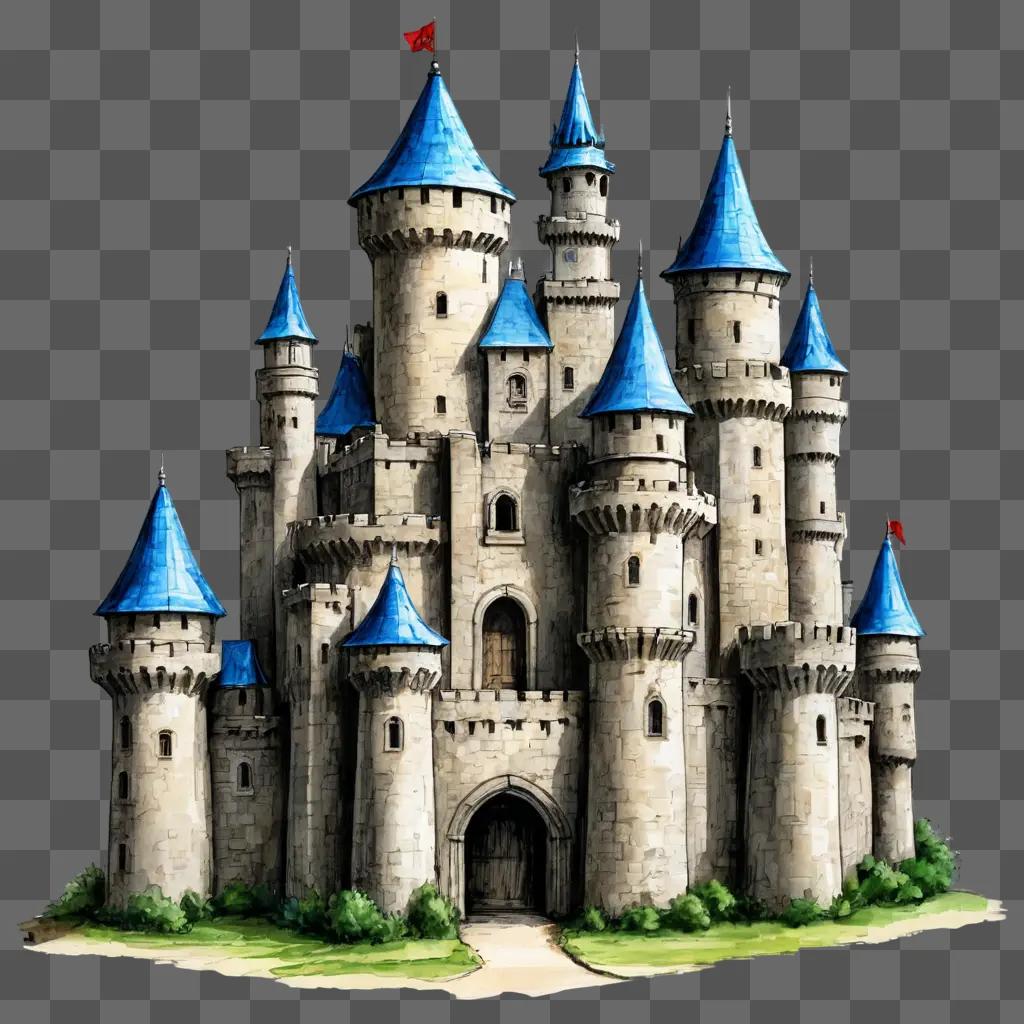 sketch castle drawing A fantasy castle with blue towers and red roofs