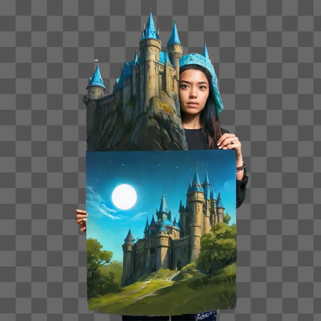 sketch castle drawing A girl holds up a painting of a castle with a moon in the sky