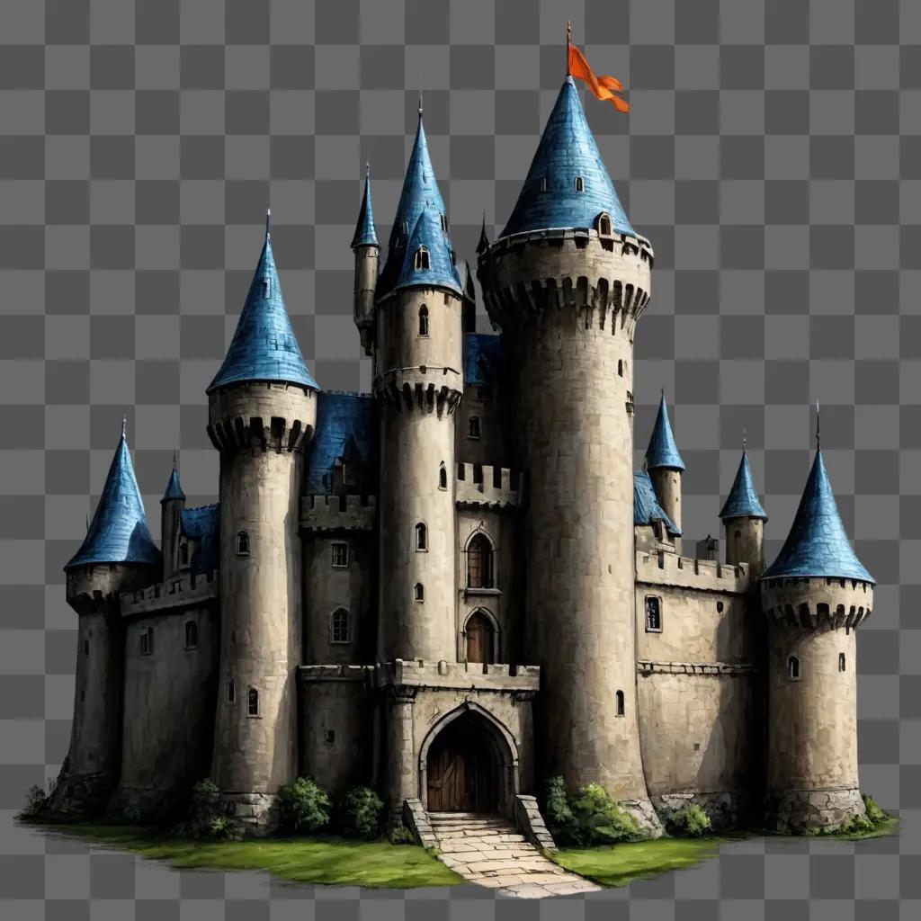 sketch castle drawing A large castle with a blue flag on top