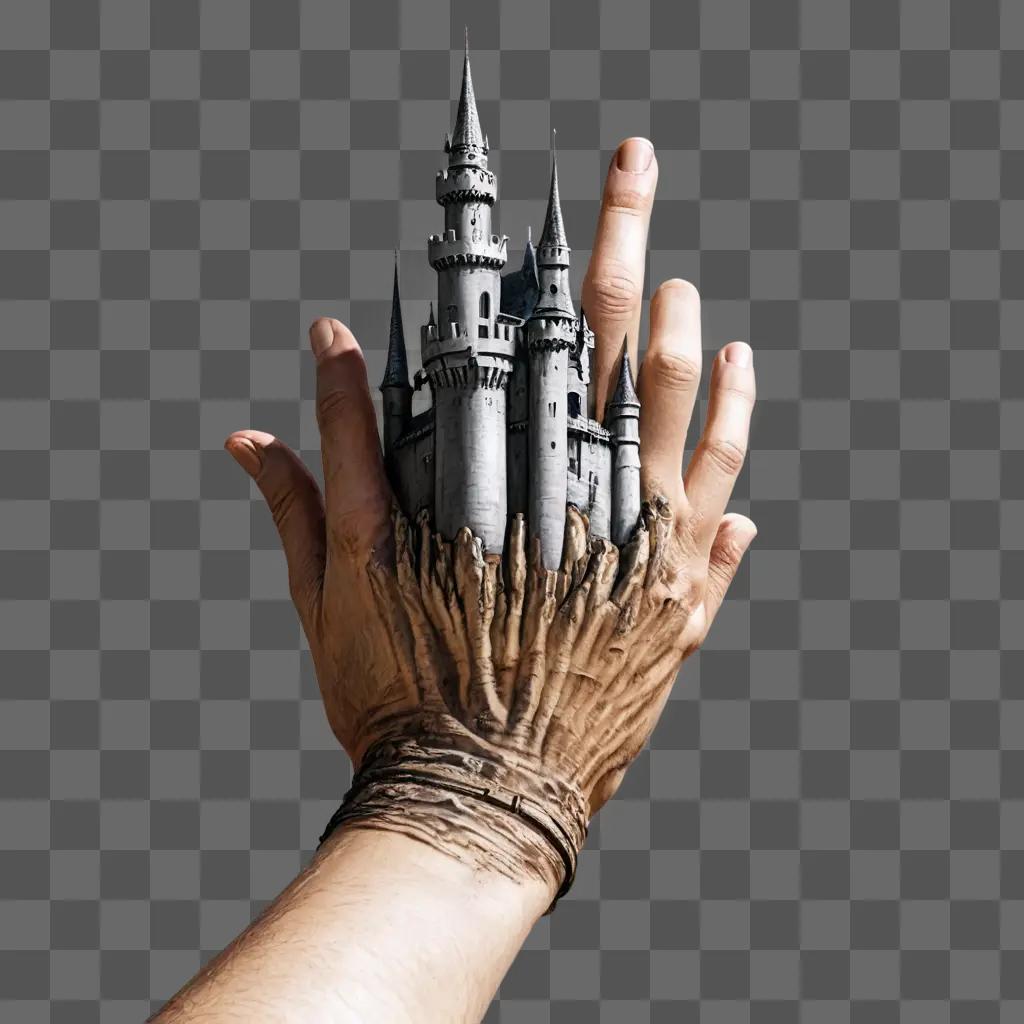 sketch castle drawing A mans hand holds a castle in a surreal photo