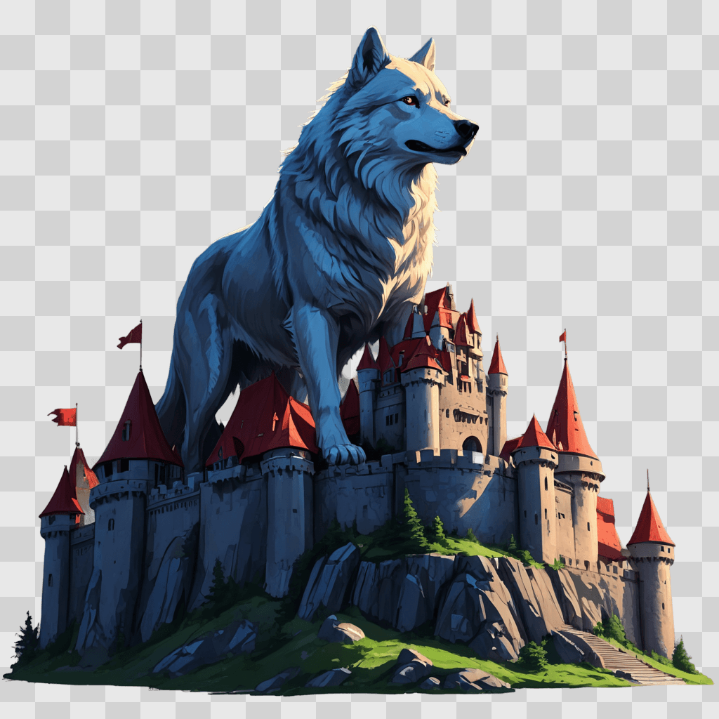 sketch castle drawing A white wolf stands on a castle hill