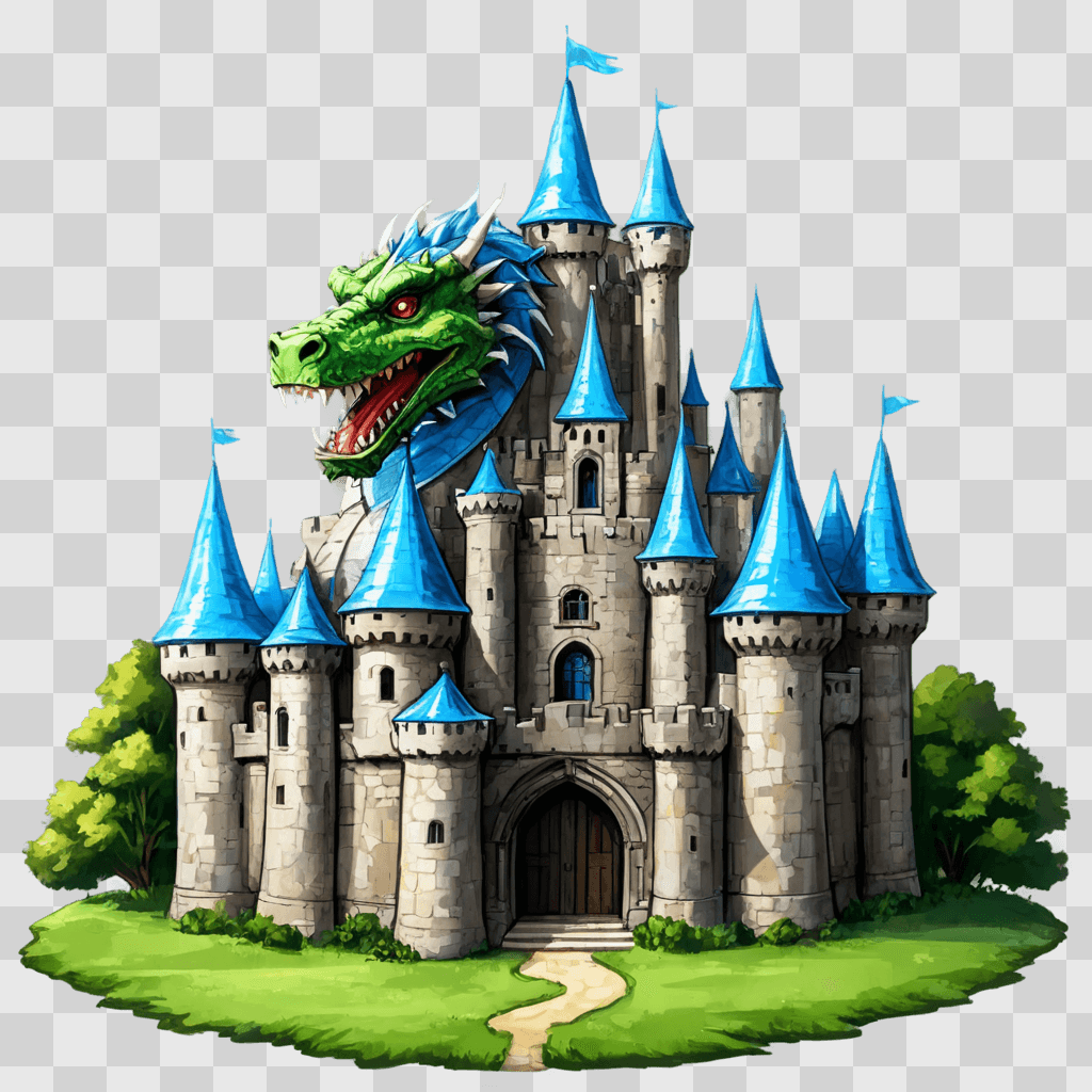 sketch castle drawing Green dragon atop castle with blue roofs and green grassy grounds