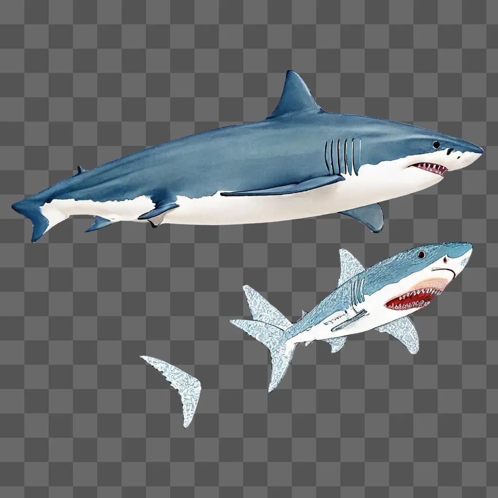 sketch shark drawing A large shark and smaller shark next to each other