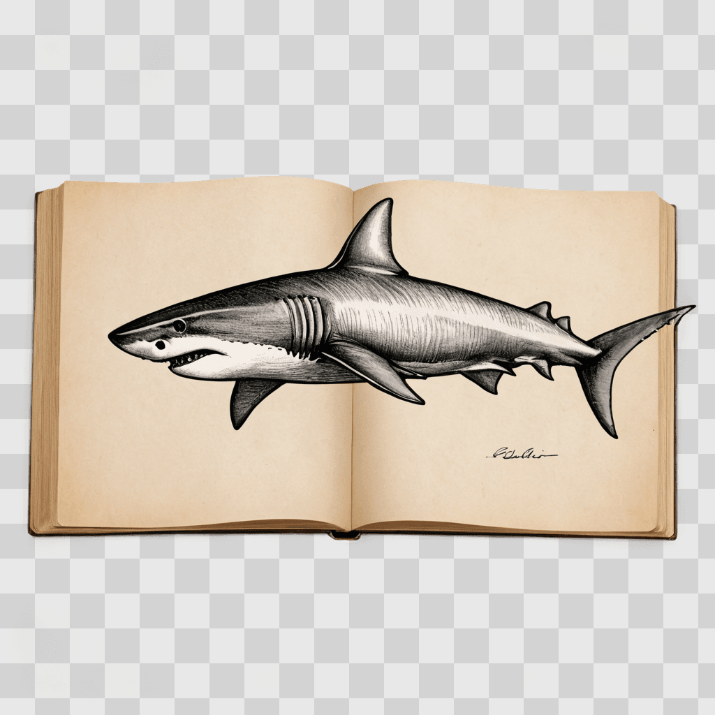 sketch shark drawing An open book features a shark drawing on its page