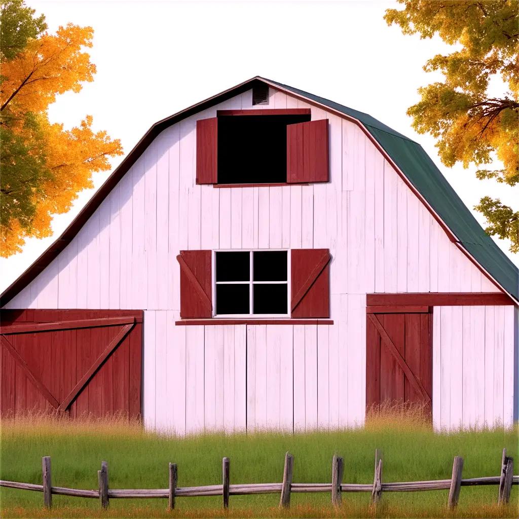 white barn with red shutters sits in a field