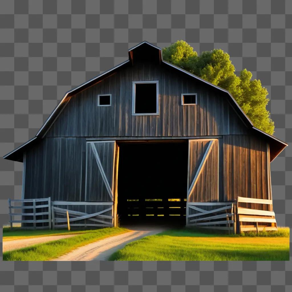 wooden barn with green trees outside