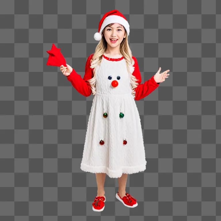 Lady in Christmas dress with red hat and shoes