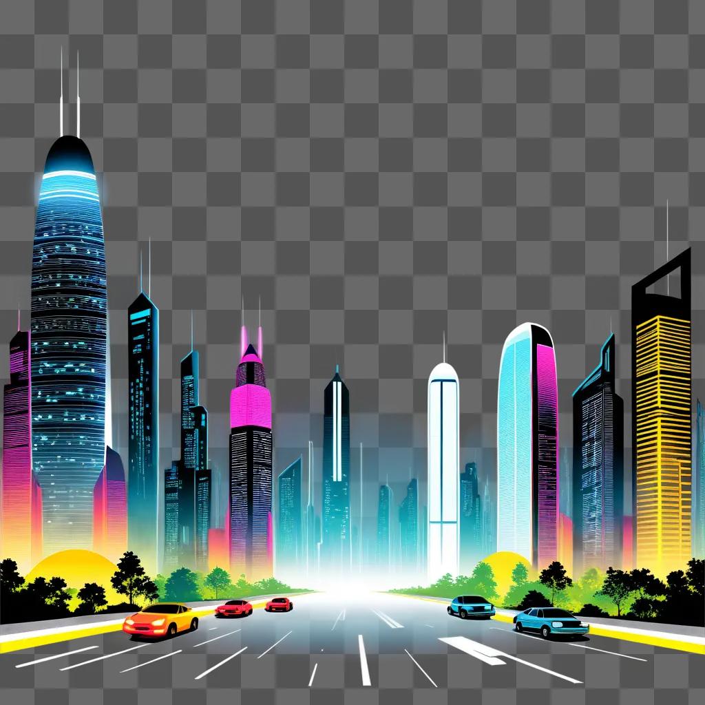 Vector cityscape with neon lights and cars