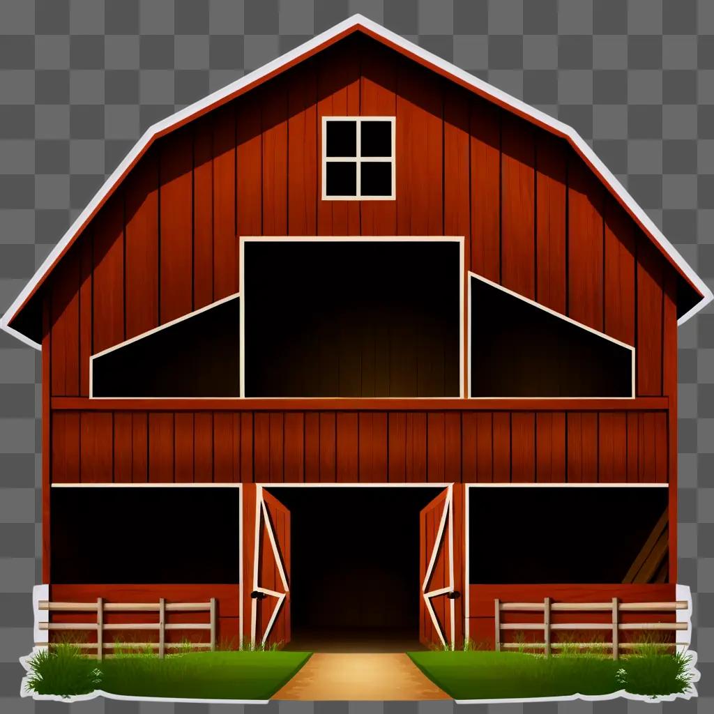barn with a white door and a green roof