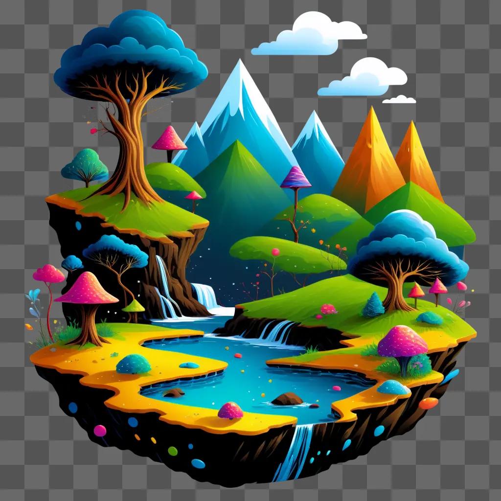 cartoon forest with a pond and a mountain range