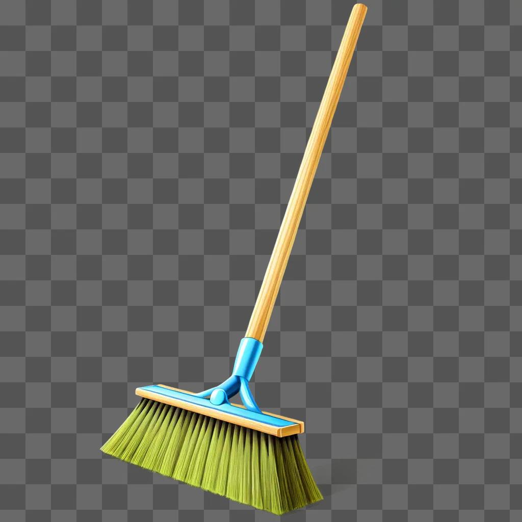 green broom with a blue handle stands against a green background